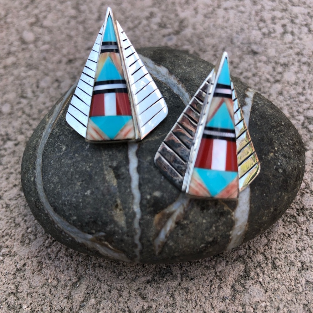 Vintage Native American Zuni - Multi Stone Inlay Earrings ❤️